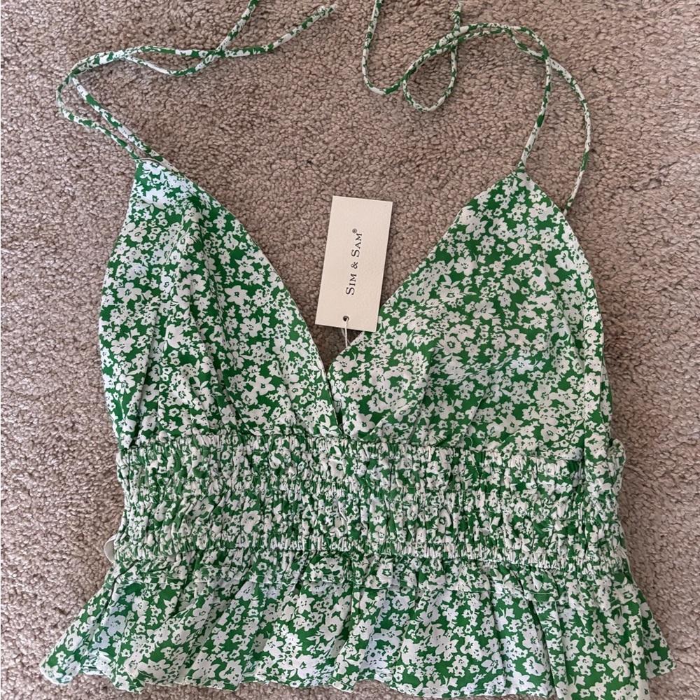 Sim & Sam Green & White Floral Cropped Tank, Size Large, NWT